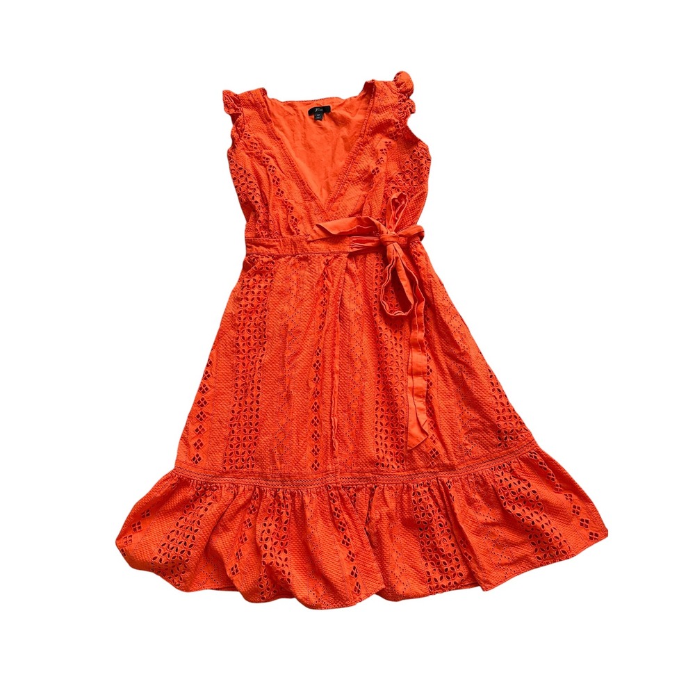 Boho J. Crew Eyelet Lace Wrap Midi Dress Size 2P Orange Ruffle Tiered Summer
